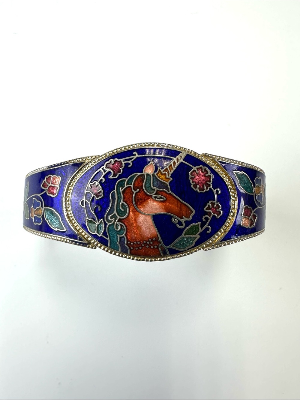 Vintage Unicorn Cloisonné Hinged Bangle Bracelet Blue Enamel Statement Jewelry